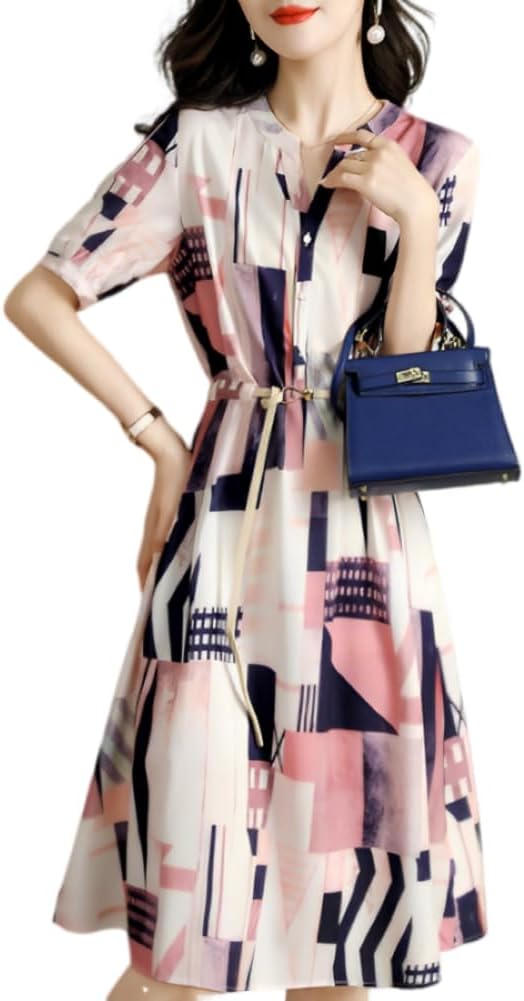 総柄 ワンピース レディース 夏 きれいめ マルチカラー 膝下丈 美スタイル(ww056)