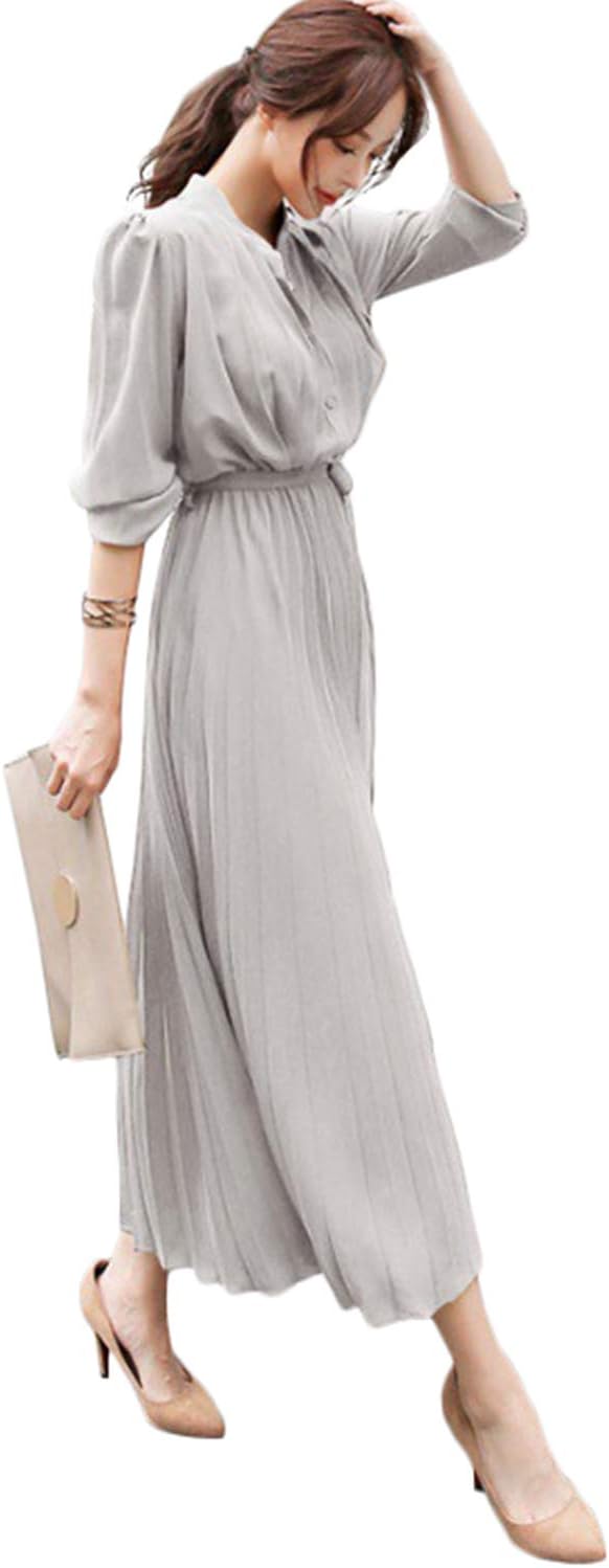 スイーヤ ロング ワンピース プリーツ レディース シャツワンピース ウエストゴム リボン タック 可愛い 着痩せ おしゃれ(ww058)