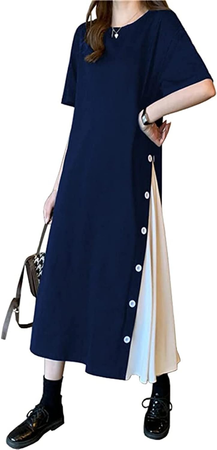 半袖 ワンピース ロングワンピース ボタン付 サイドプリーツ ロングTシャツ 切り替え 大人 可愛い Tシャツワンピ Aライ(ww065)