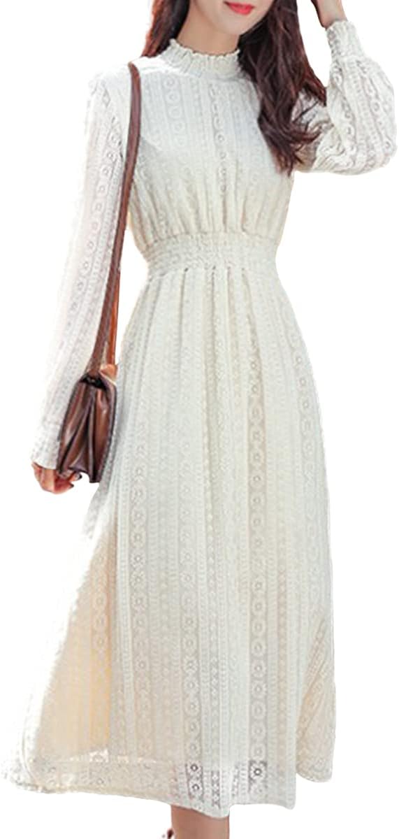 ロング ワンピース 総レース レディース ドレス フリル 立ち襟 ハイウエスト ゴムウエスト 可愛い きれい 長袖 着痩せ (ww067)