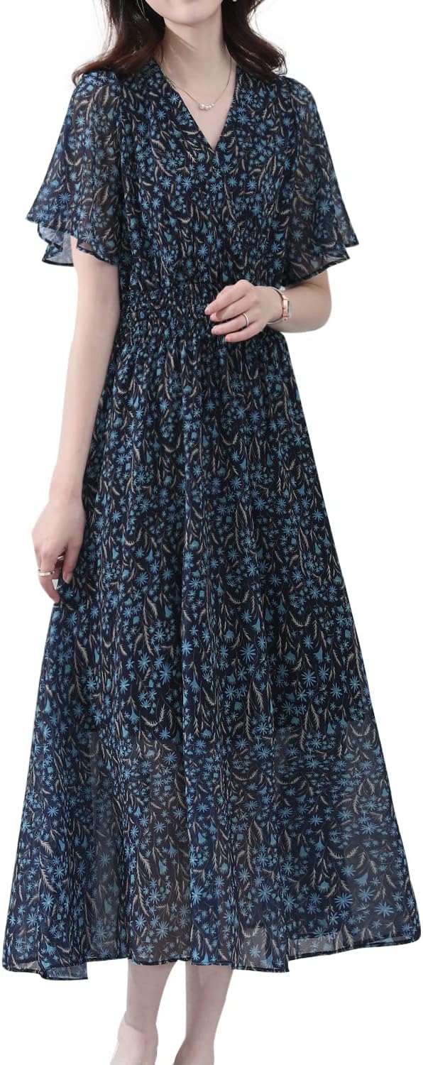 花柄 ロング ワンピース 半袖 レディース シフォン マキシワンピース Vネック フレア袖 裏地付き ウエストゴム 着痩せ (ww069)