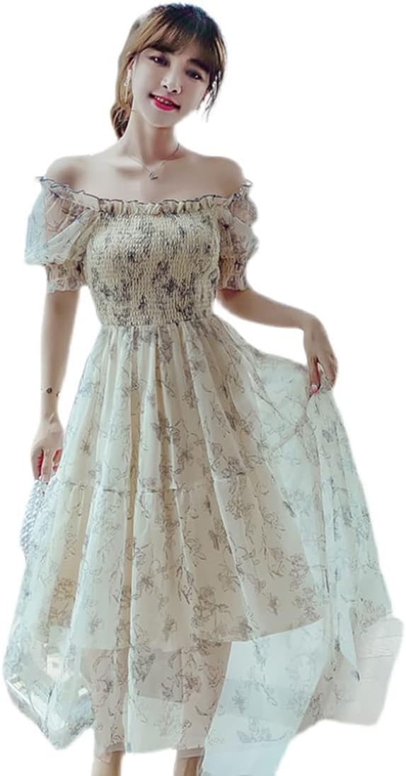 ワンピース レディース 夏 カジュアル バルーン袖 スカート シースルー オフショル かわいい レース チュニック ミモレ丈(ww082)