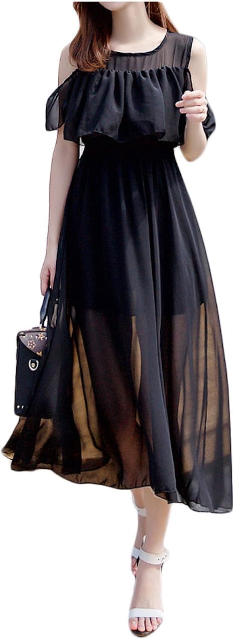 オフショル シフォン ワンピース ロング 肩出し オフショルダー 透け感 ドレス(ww116)