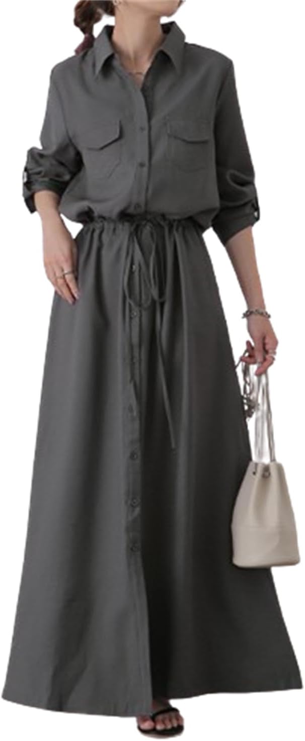シャツワンピース レディース ロングシャツワンピース 長袖 春 秋 冬 きれいめ Aライン 着痩(wz079)