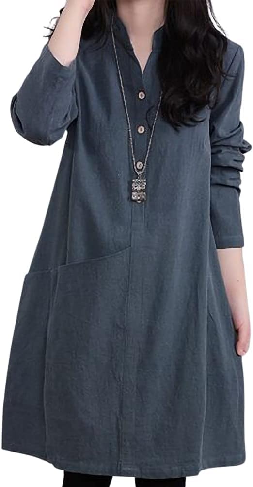 長袖 膝丈 スキッパー ワンピース aライン チュニック シャツ レディース(wz083)