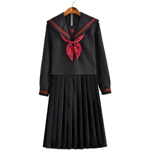 赤い金魚結び 赤二本 黒い セーラー服 ロングスカート 長袖 赤い金魚結び 赤二本 黒い セーラー服 ロングスカート 長袖