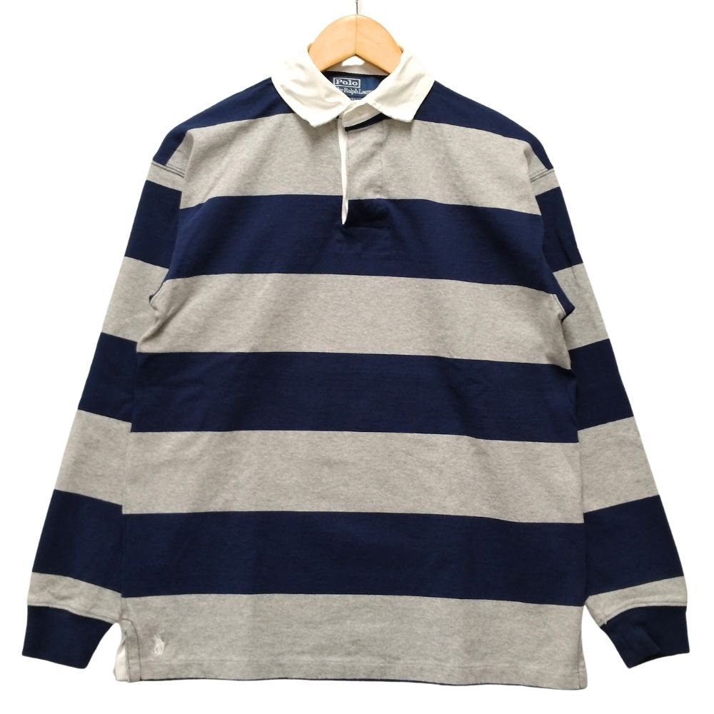 RALPH LAUREN ラルフローレン THE BIG FIT ストライプド ラグビー シャツ ネイビー×グレー サイズS 正規品 / 50162【中古】