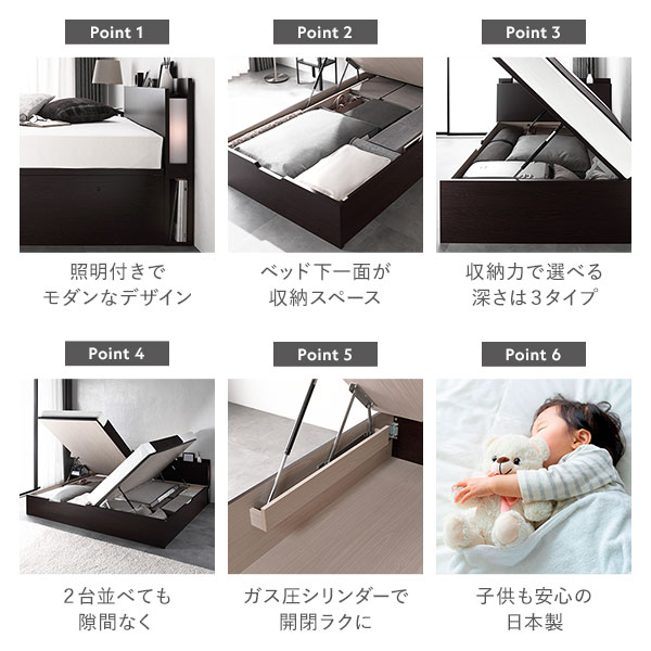 組立設置サービス付き 日本製 収納ベッド 通常丈 シングル 日本製薄型ポケットコイルマットレス付き 横開き ハイタイプ 深さ44cm ホワイト 跳ね上げ式 照明付き 収納付きベッド 小さめ 小さい シングルベッド シングルベット 子供ベッド 女性 小柄 [3]