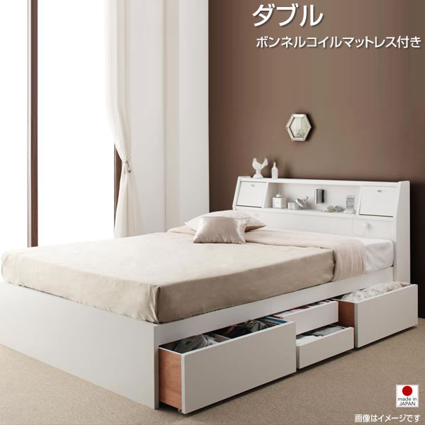 Rakuten - ダブル ベッド 日本製 収納ベッド マットレス付き ボンネルコイルマットレス付き 幅141 長さ215 高さ89cm 女子 女の子 フラップ扉 引出し付き コンセント付き 棚付き 宮付き 大容量収納 国産フレーム かわいい ミニテーブル ヘッドボード ホワイト