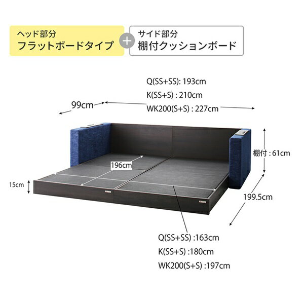 親子ベッド 連結ベッド ローベッド ワイドK200（シングル×2） ベッドフレームのみ 棚付クッション+棚なしクッション マットレスなし 2台セット 分割ベッド 夫婦 新婚 家族 ファミリーベッド 子供と一緒 ガード付き 落下防止 ネイビー グリーン グレー