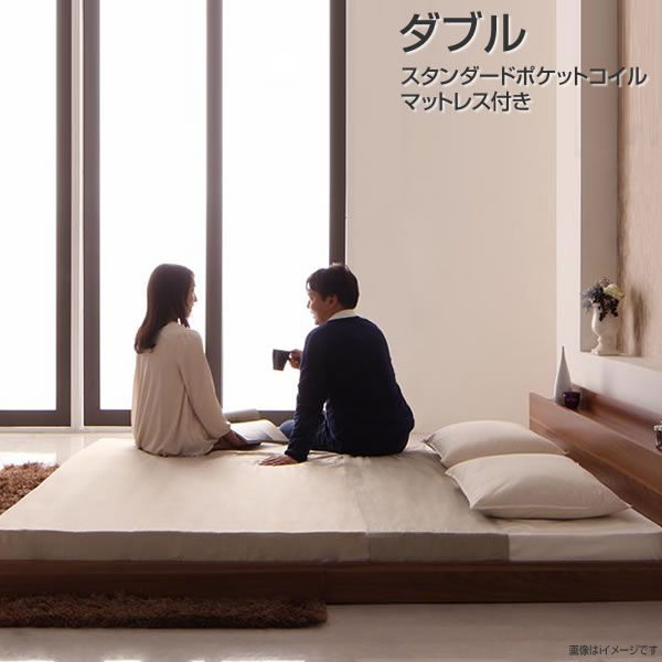 Rakuten - ローベッド ダブル ベッドマットレス付 宮付き 棚付き コンセント付き 低いベッド ダブルベッド ロータイプ ロー ヘッドボード シンプル フロアベッド ローベット 木製 同棲 新婚 カップル 木製ベッド べっど べっと ベット スタンダードポケットコイルマットレス付き
