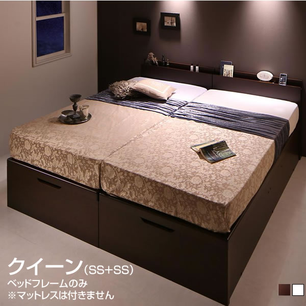 樂天商城 - 組立設置付 連結ベッド 跳ね上げベッド 日本製 クイーンベッド ベッドフレームのみ クイーン （セミシングル×2台） 跳ね上げ式ベッド 収納付きベッド 宮付き コンセント付き 国産 ガス圧 広い 大きい 夫婦 家族 新婚 大容量 高級感 分割 連結 2台 ヘッドボード すのこベッド