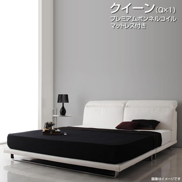 ローベッド ベッド クイーン(Q×1) リクライニング プレミアムボンネルコイルマットレス付き 大型ベッド ローベット ロータイプ レザーベッド ローデザイン 低いベッド 広い フロアベッド 背面レザー仕上げ ハイバック 新婚 カップル 同棲 夫婦 ブラック ホワイト 黒 白