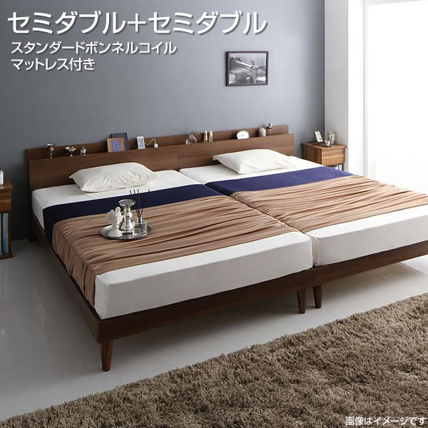 すのこベッド 2台マットレス付き （セミダブル×2） ツインベッド スタンダードボンネルコイルマットレ..