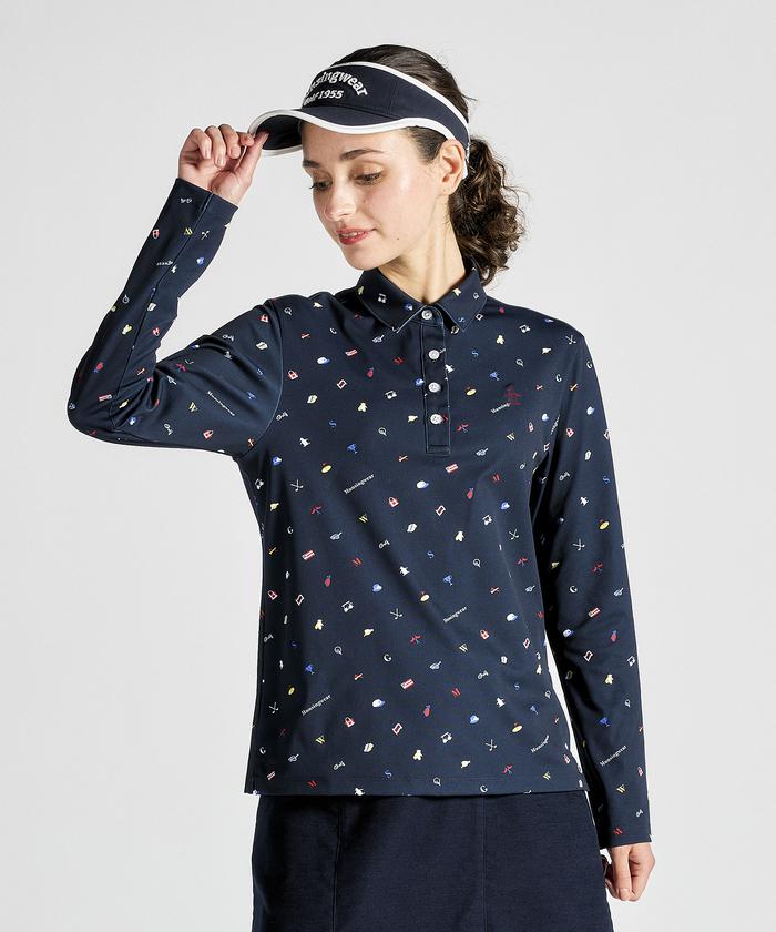 【11/22-11/25 P10倍・10％OFFクーポン】【公式】 マンシングウェア 長袖台衿シャツ レディース 吸汗速乾 ストレッチ UVカット クーリング効果 遮熱 サンスクリーン ゴルフ 長袖 ポロシャツ 総柄 ゴルフウェア シャツ スポーツ ブランド MG4FLS24L 2024年秋冬モデル