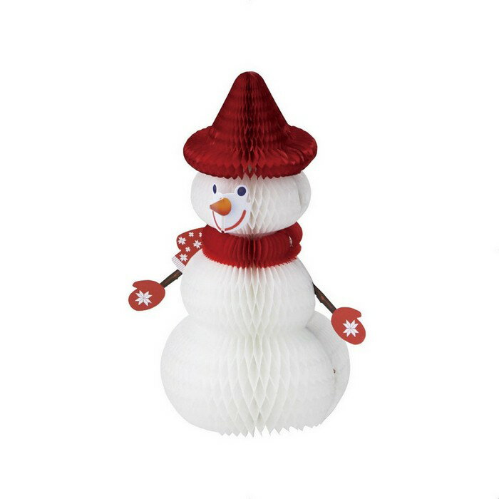 紙製スノーマンハニカム 小 1個赤い帽子とマフラーを巻いた雪だるまのペーパーファン。吊り下げ金具付きなので、吊るして飾ることもできます。クリスマス ハニカム ボール パーティ デコレーション 飾り 装飾 吊り下げ かわいい