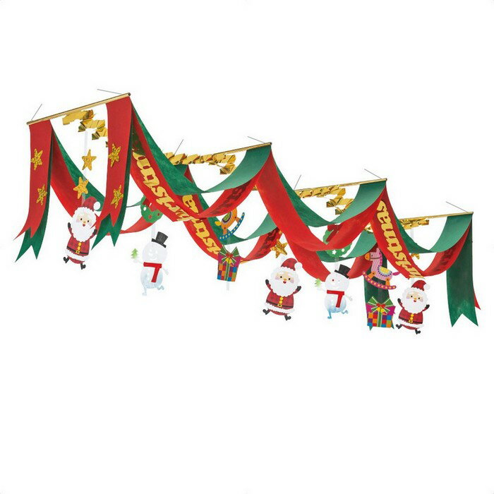 ワンダークリスマス3連ペナント 1枚赤と緑のクリスマスカラーのペナントに、サンタやスノーマンの飾りが付いています。3連ペナントを天井に飾ってボリューム満点！クリスマス感いっぱいの店内に。クリスマス プリーツハンガー 飾り 装飾 吊り下げ