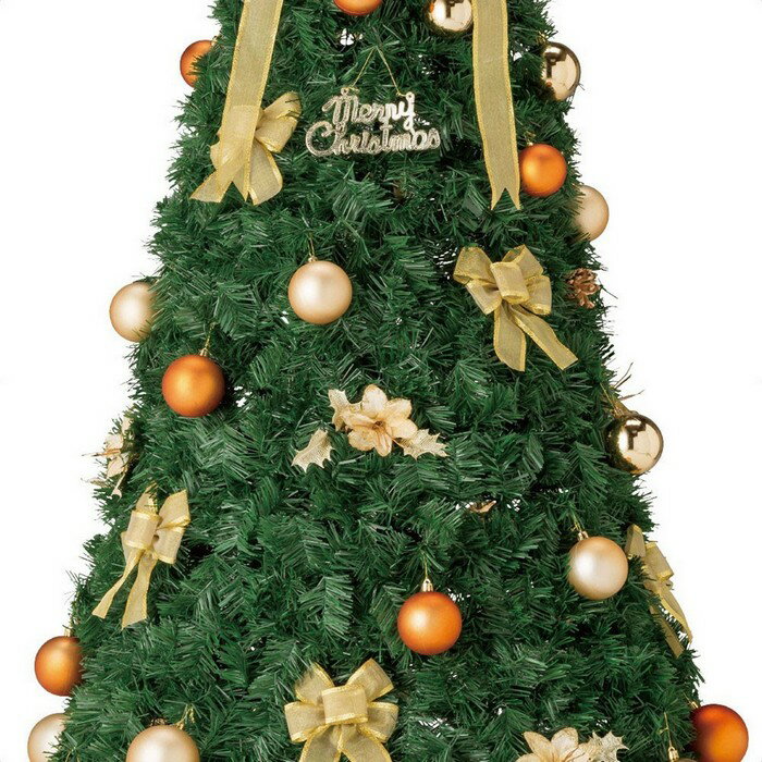 ポップアップツリー ゴールド H145cmツリーを上から被せて下へ伸ばすだけ！便利な折りたたみツリー。収納も場所をとりません。金色をメインとしたリボンやオーナメントボールの飾り付き。クリスマスツリー コンパクト 収納 ライト led