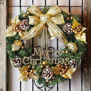 【40cm】クリスマスベルリース ゴールド 1個大きなリボンやベルや松ぼっくりがたくさんついたゴージャスなクリスマスリース。クリスマス 造花 おしゃれ リース 大きい 玄関