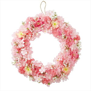 【直径38cm】桜ピンクリース 1個ピンクや白に少し黄色も入った華やかなリース。壁やドアに引っ掛けたり、棚やレジカウンターに飾って春らしい店舗ディスプレイに。送料無料 リース 造花 玄関 おしゃれ ウェルカムリース 大 桜 さくら サクラ 春