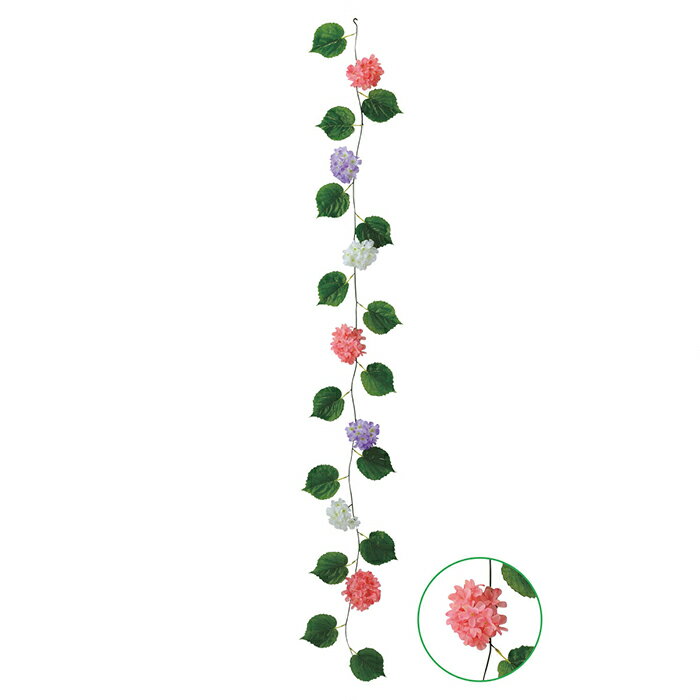 あじさいガーランド 3本セット緑の葉っぱと、花径約9cmのかわいい紫陽花の花がピンク、紫、白と順番に付いています。造花 おしゃれ 紫陽花 あじさい アジサイ インテリア 壁掛け 吊り下げ