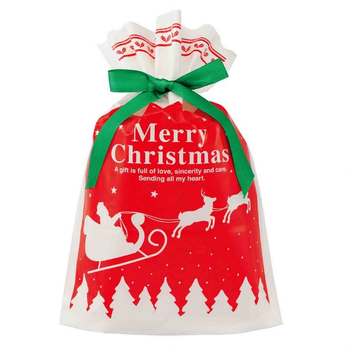 【20枚入り】ベーシッククリスマス リボン付きポリ巾着ギフトバッグ 34×53(39)×底マチ8cm簡単クリスマスラッピング!巾着のようにリボンをしぼって結ぶだ...