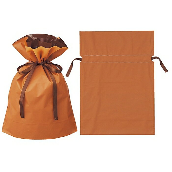 【20枚入り】梨地リボン付きギフトバッグ オレンジ 17×28×底マチ8cm高級感のある梨地素材を使ったリボン付き巾着バッグ。リボンを絞ると内側の袋が見えてツートンカラーになり高級感がアップします。ギフトバッグ ラッピング 袋 おしゃれ 巾着 ビニール