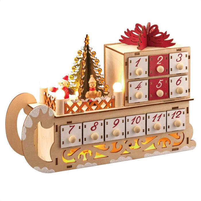 LEDアドベントカレンダー ソリ 1個サンタさんのそりをかたどったちょっと変わり種のアドベントカレンダー。引き出しは表裏に各々12個ずつついています。クリスマス 飾り 装飾 雑貨 アドベントカレンダー 北欧