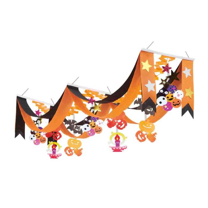 ハロウィンカーニバル2連ペナント 160cm 1枚店舗装飾に人気のハロウィンの2連ペナントです。シーズンが終わると折りたたんでコンパクトに収納できます。送料無料 プリーツハンガー 飾り 装飾 吊り下げ ディスプレイ 天井 ペナント 秋 ハロウィン