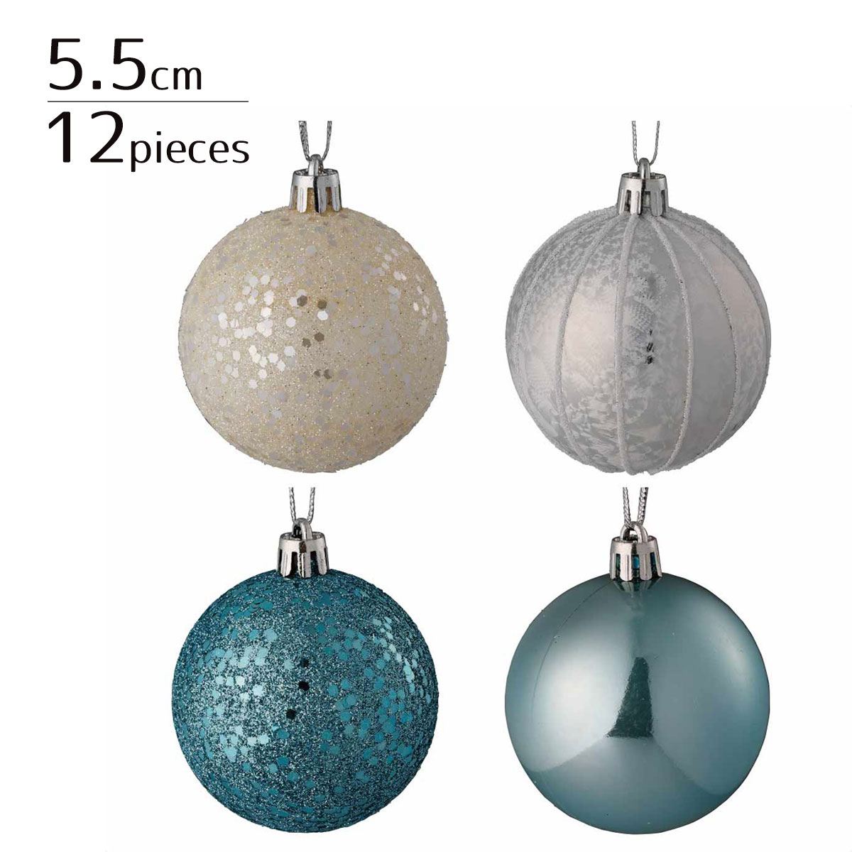 【12個入り／直径5.5cm】プラスチックオーナメントボール ブルーライン華やかでメタリックな質感のオーナメントボールで、ワンランク上のツリー装飾を！ボールの模様は4種類で各3個ずつ計12個がセットに。クリスマス 飾り 装飾 オーナメント ボール 1