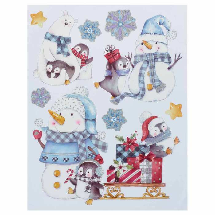 【5%OFFクーポン有り！14日10時〜16日】デコレーションウィンドウシール スノーマン＆ソリ 1枚送料無料..