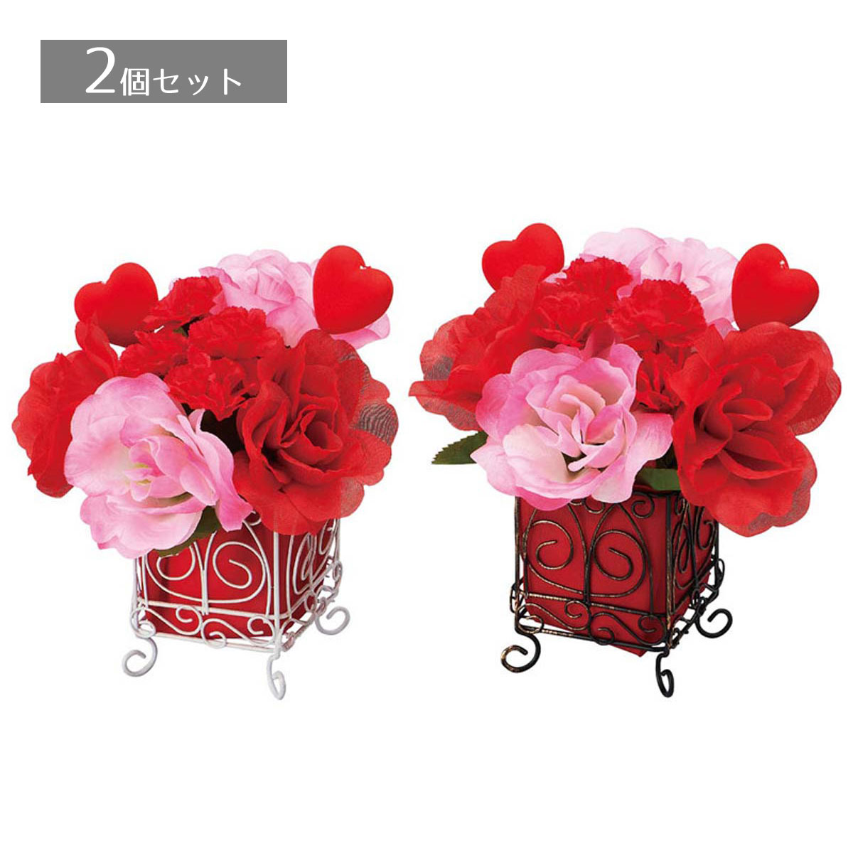 【2個セット】ローズハートバレンタインキューブポットハートとバラの卓上アレンジメント。シンプルで使いやすいデザインです。送料無料 造花 インテリア フラワーアレンジメント フェイクフラワー フェイク リアル プレゼント バラ 薔薇 ばら