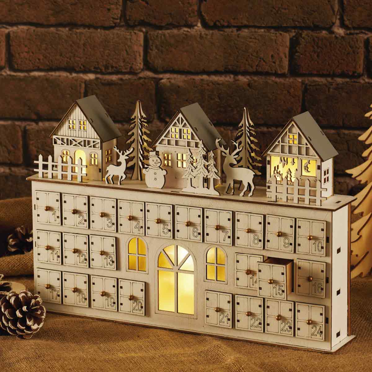 LED木製アドベントカレンダー グリーンハウス 1個おうちの中にあかりが灯って情緒あふれるホワイトクリスマス。送料無料 ギフト 玄関 クリスマス 飾り 装飾 お菓子 ディスプレイのサムネイル