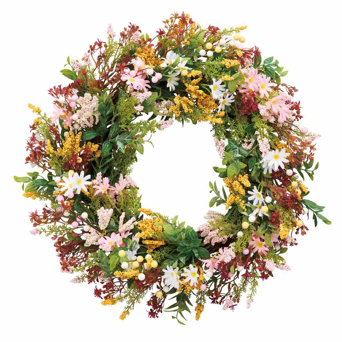 【直径60.9cm】フラワー造花リース ピンクイエロー 1個春らしい花とグリーンをあしらったフラワーリースです。送料無料 造花 玄関 おしゃれ ウェルカム 大 年中 オールシーズン 飾り 装飾 壁掛け 春