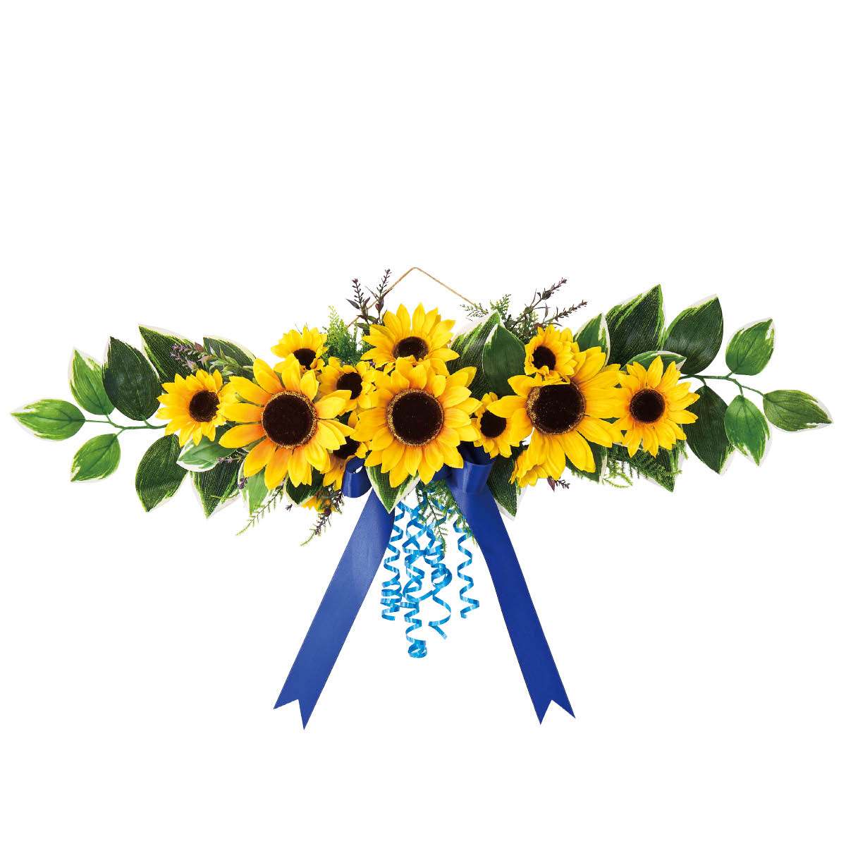 Rakuten - ひまわりウォールハンギング 1個ひまわりの花束を横長にまとめ、緑の葉を添えた壁掛け飾り。壁や入口に吊るすと、視線を横へ広げて空間が華やぎます。送料無料 インテリア フラワーアレンジメント フェイク 壁掛け 夏 ひまわり