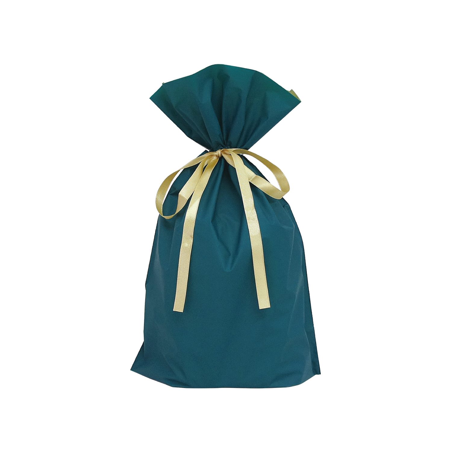 【20枚入り】梨地リボン付きギフトバッグ ダークグリーン 24cm高級感のある梨地素材を使ったリボン付き巾着ギフトバッグ。ダークグリーンの袋にゴールドのリボン付...