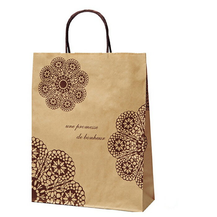 【50枚入り】手提紙袋 レースィ 茶 26×11×33cmシンプルでかわいいレース柄と「幸せの約束」という意味のフランス語がプリントされています。紙袋 袋 おし...