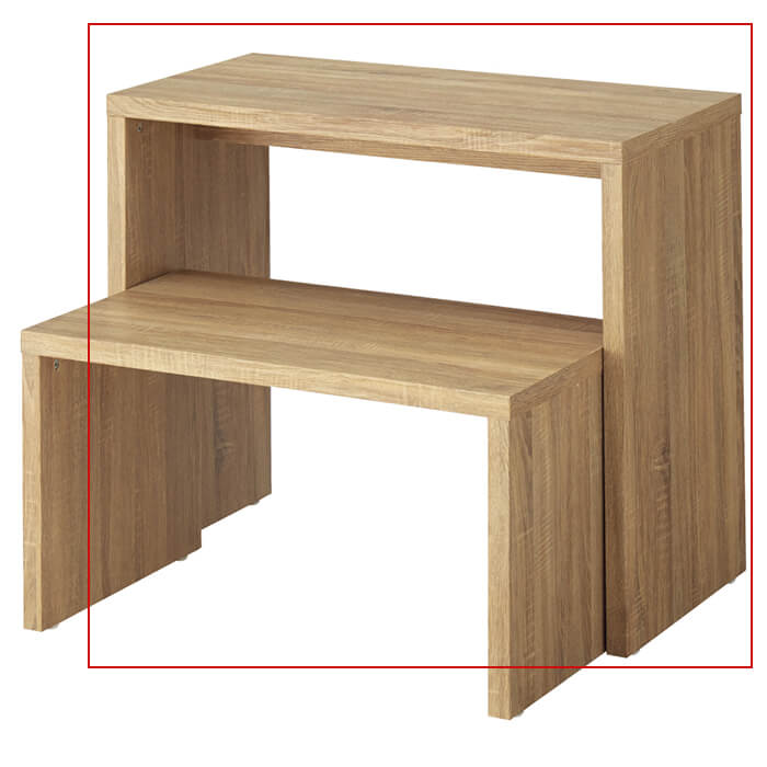 木製スリムコの字テーブル ラスティック柄 大（W90cm） 1台什器エンドや売場のポイント什器としてお使いいただけます。大小2個でネストテーブルとしても使用可。コの字 テーブル 陳列棚 店舗用 ディスプレイ 什器 ラック コの字ラック