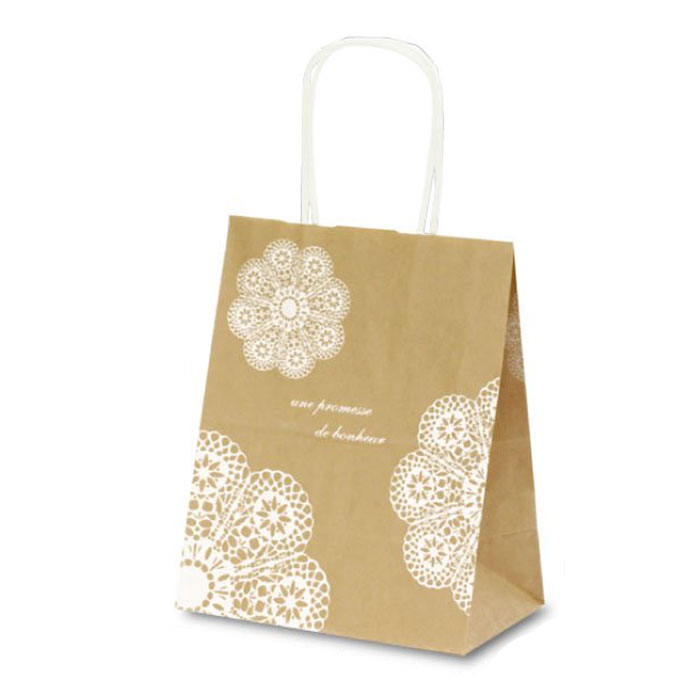 【25枚入り】手提紙袋 レースィ 白 20×12×25cmシンプルでかわいいレース柄と「幸せの約束」という意味のフランス語がプリントされています。紙袋 袋 おし...