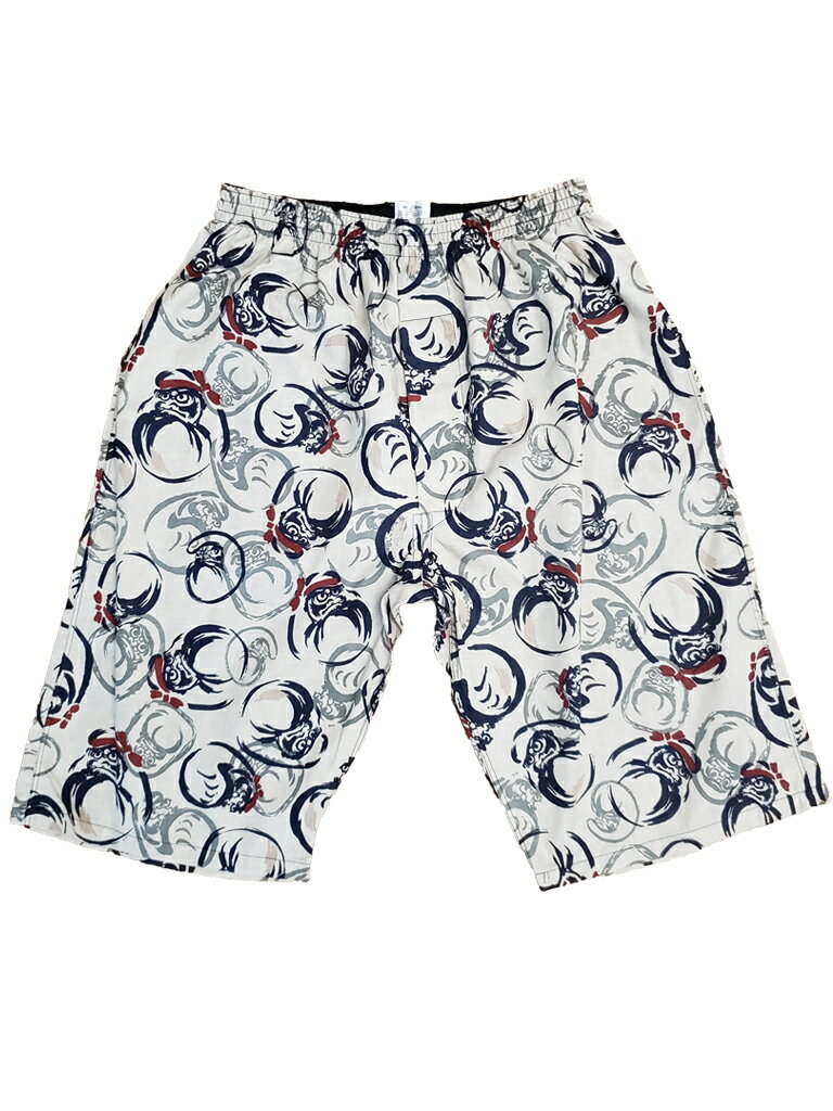 ロングトランクス ひざ丈 ステテコ 日本製 ルームウェア 部屋着 ハーフパンツ バレンタイン ギフト 誕生日 プレゼント 和柄 だるま柄 ベージュ 便利な後ろポケット付 M L 綿100% 前開き