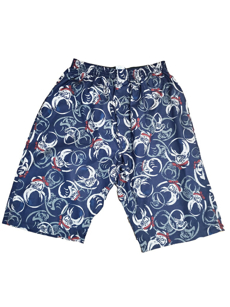 ロングトランクス ひざ丈 ステテコ 日本製 ルームウェア 部屋着 ハーフパンツ バレンタイン ギフト 誕生日 プレゼント 和柄 だるま柄 紺色 便利な後ろポケット付 M L 綿100% 前開き