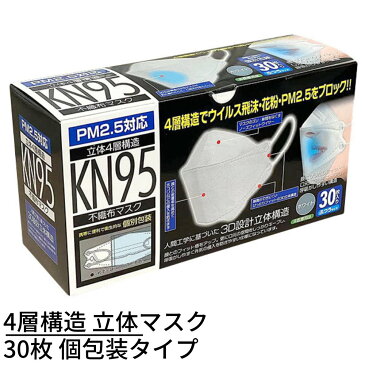 4層構造 立体マスク 30枚 個包装タイプ KN95｜4層 不織布 マスク 4層構造 不織布 マスク 高機能 マスク 3D立体 スク 使い捨て ウィルス対策 花粉 PM2.5 メンズ レディース おしゃれ 息がしやすい 痛くない 大きいサイズ 大人 呼吸しやすい サイズ 小顔 息 楽 女性用 男性用