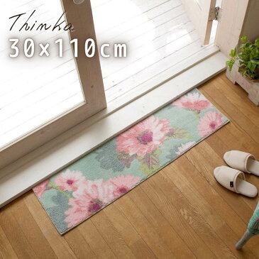 玄関マット Thinka フランシール 30×110cm | 屋内 室内 吸水 速乾 抗菌 防臭 ルーム ベランダ インテリア リビング 足元 洗える 北欧 大きめ すべり止め 滑り止め おしゃれ かわいい 吸水 高級感 日本製 国産 ロング ウィルトン織 花柄 グリーン