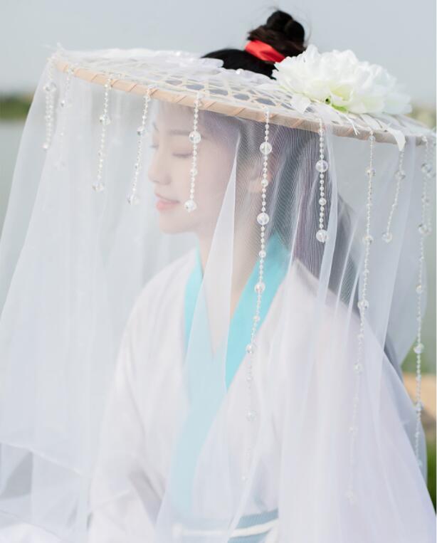 【送料無料】中華撮影道具 ロングベール付笠 かぶりかさ フェイスベール 漢服・唐服用中国古代古典風髪..