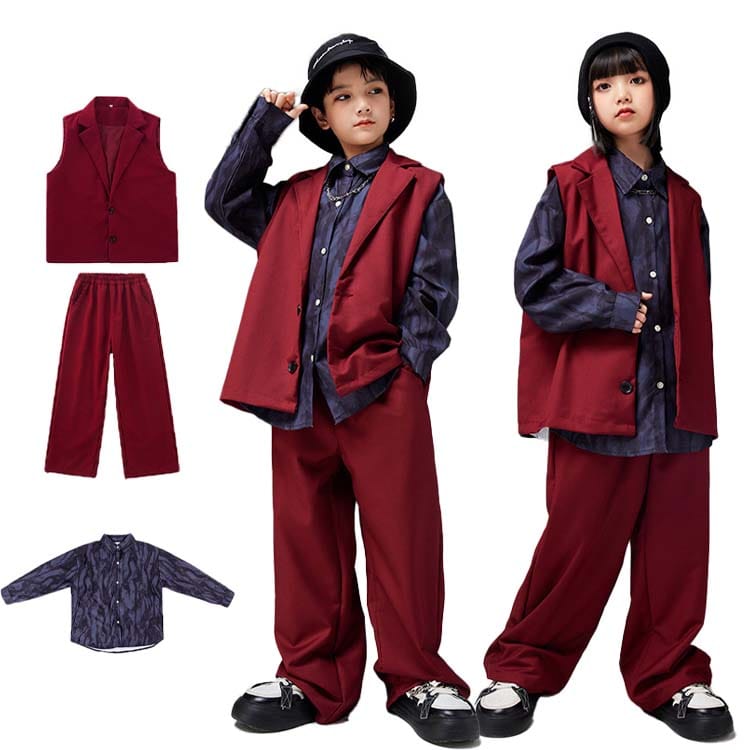 樂天商城 - 【送料無料】スーツ キッズダンス衣装 セットアップ ベスト パンツ 赤 ヒップホップ キッズ 衣装 シャツ パープル 韓国風 子供服 男の子 女の子 ストリート 舞台 演出服 ダンスウェア おしゃれ 練習着 派手 ステージ衣装