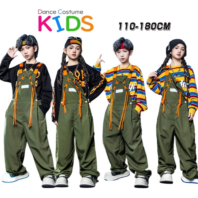 樂天商城 - 黒 イエロー カーキ トップス ボーター柄 横縞 サロペットパンツ 長袖 キッズ ダンス セットアップ 韓国 k-pop ヒップホップ 男の子 女の子 ギャル アイドル かっこいい カジュアル 子供服 きらきら ステージ衣装 jazz ジャズダンス 団体服 練習着 演出服 原宿系 110-180cm