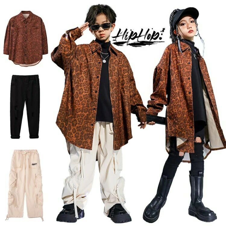 樂天商城 - 豹柄 ゆるシャツ キッズダンス衣装 シャツ 長袖 ロングパンツ 子供服 ダンス衣装 かっこいい 派手 ダンス 衣装 ヒップホップ キッズ セットアップ 子ども服 キッズダンス 練習着 女の子 男の子 カジュアルシャツ ヒョウ柄 ズボン 黒 ベージュ ストリート系