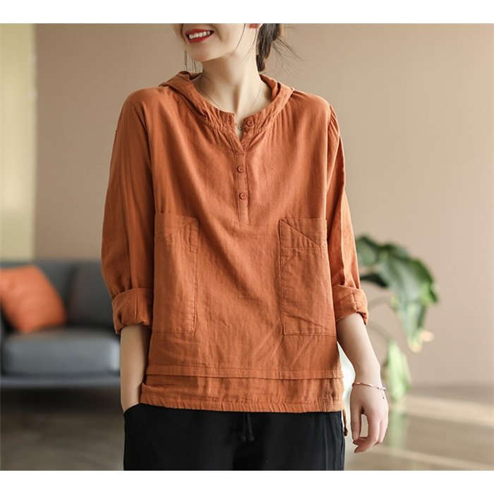 パーカー Tシャツ レディース ブラウス 春 夏 リネン フード付き ガーゼ 長袖 シャツブラウス 綿麻トップス 着心地 長袖 大人 ゆったり 体型カバー 送料無料 storeaz-10019446 azストア サンプル画像3