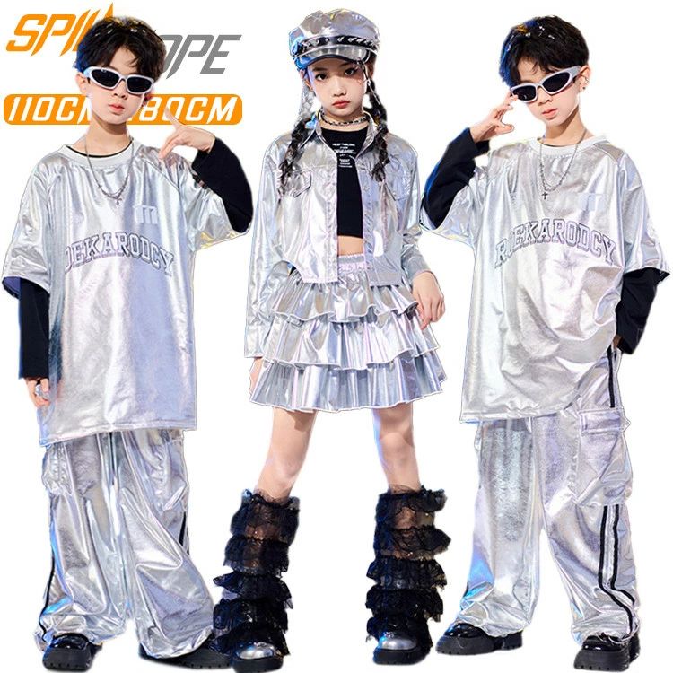 樂天商城 - シルバー 銀色 セットアップ 女の子 男の子 韓国k-pop HIPHOP ヒップホップ jazz チア チアガール ジャズダンス キッズ ダンス衣装 ティアードスカート 半袖Tシャツ tシャツ 長袖 トップス カーゴパンツ 上下セット 子供服 演出服 団体服 発表会 練習着 ダンスウェア 小学生