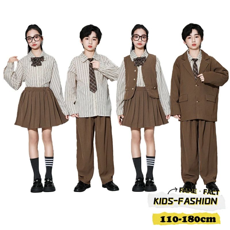 樂天商城 - ヒップホップ ダンス衣装 キッズ スーツ ブラウン セットアップ 発表会 子供スーツ スクール制服 ジャケット 長袖シャツ 入学・入園スーツ 男の子 女の子 學院風 チーム衣装 舞台衣装 合唱団 団体服 イベント 発表会